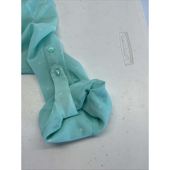 Express‎ The Portofino Shirt  Womens Small Turquoise Sheer White polka dot - Picture 5 of 8